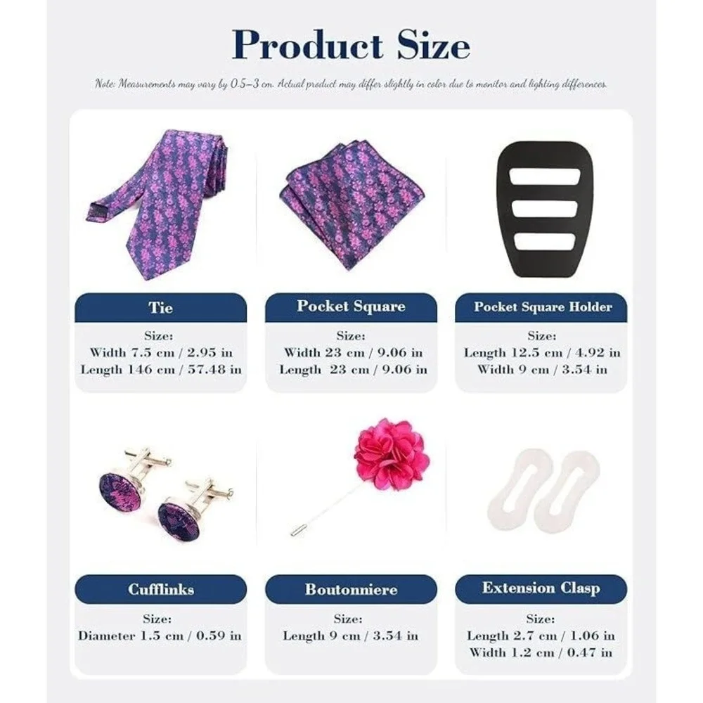 Men's 6pc Silk Blend Floral Tie Handkerchief Lapel Pin Cufflinks Set Pink/Purple